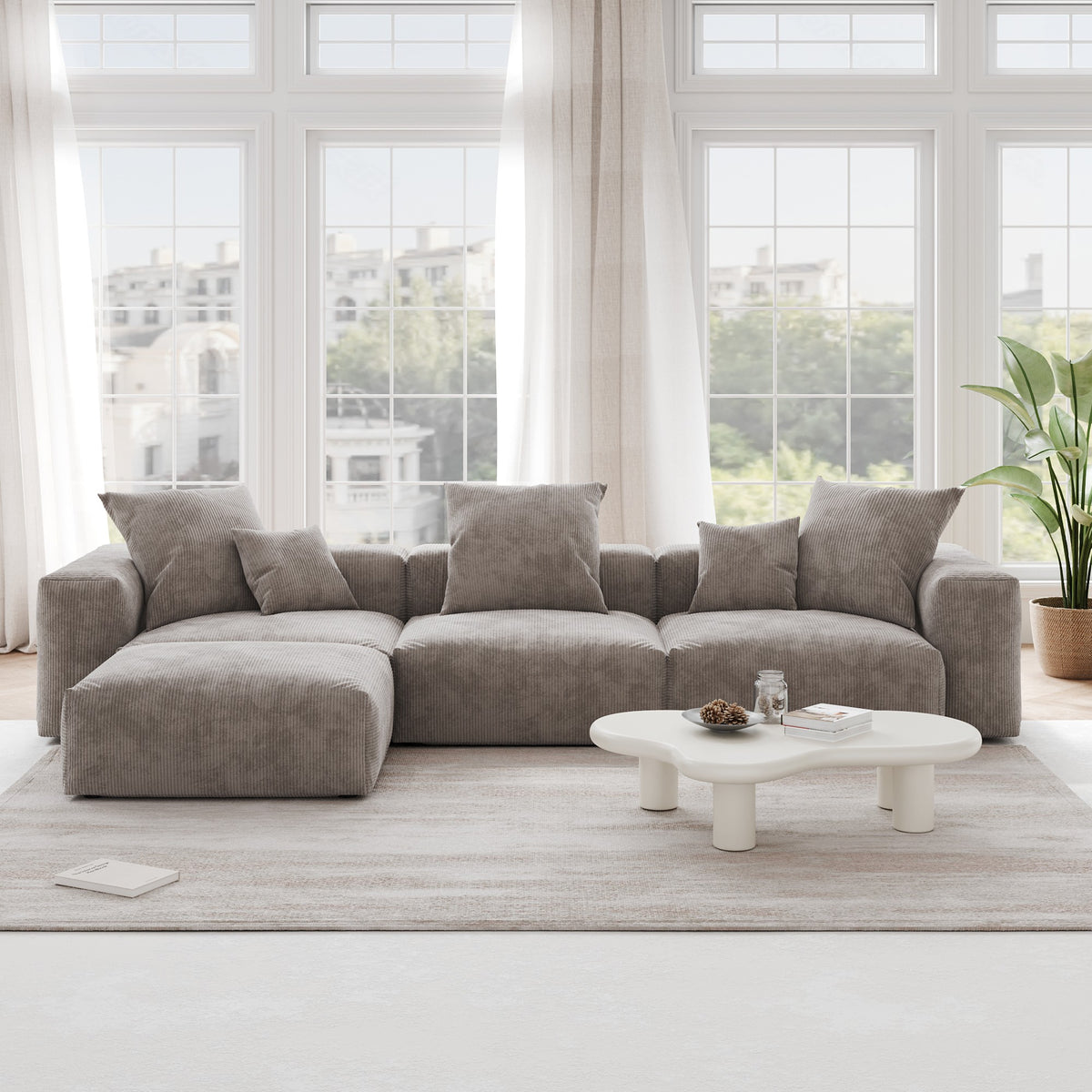 Orris Brown Corduroy 3-Seater L-Shaped Sectional Sofa - ATUNUSHOME gallery 2