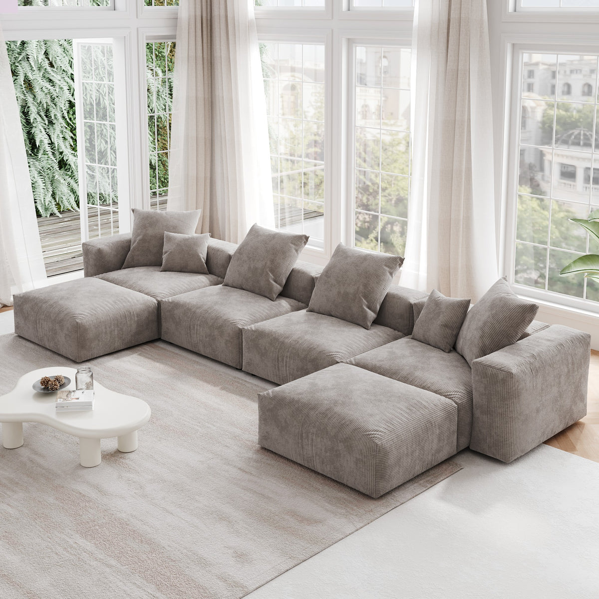 Orris Brown Corduroy 4-Seater Modular Sectional Sofa - ATUNUSHOME gallery 3