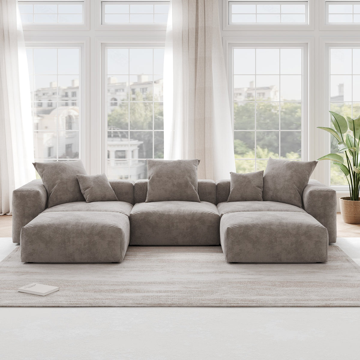 Orris Brown Corduroy 3-Seater U-Shaped Sectional Sofa - ATUNUSHOME main image
