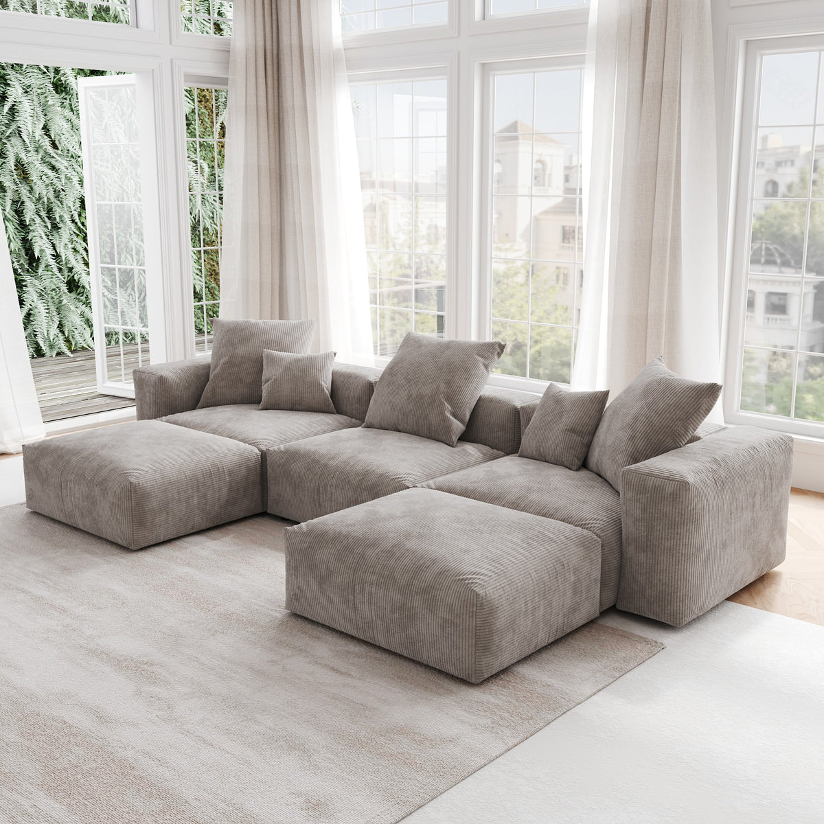 Orris Brown Corduroy 3-Seater U-Shaped Sectional Sofa - ATUNUSHOME gallery 3