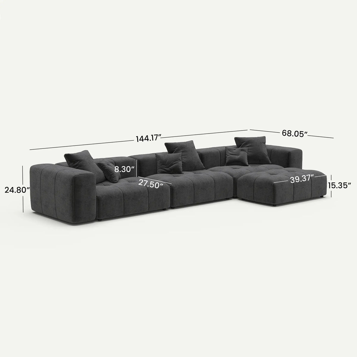 Morio Modular Sofa L-Shaped Sectional Black 3-Seater with 1 Ottoman - dimensions