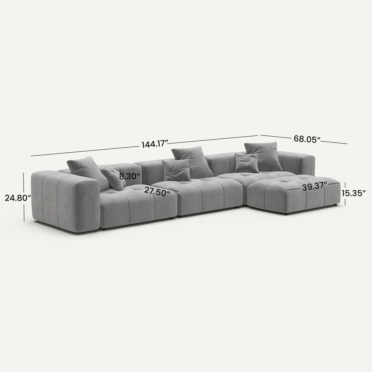 Morio Modular Sofa L-Shaped Sectional Light Grey 3-Seater with 1 Ottoman - dimensions