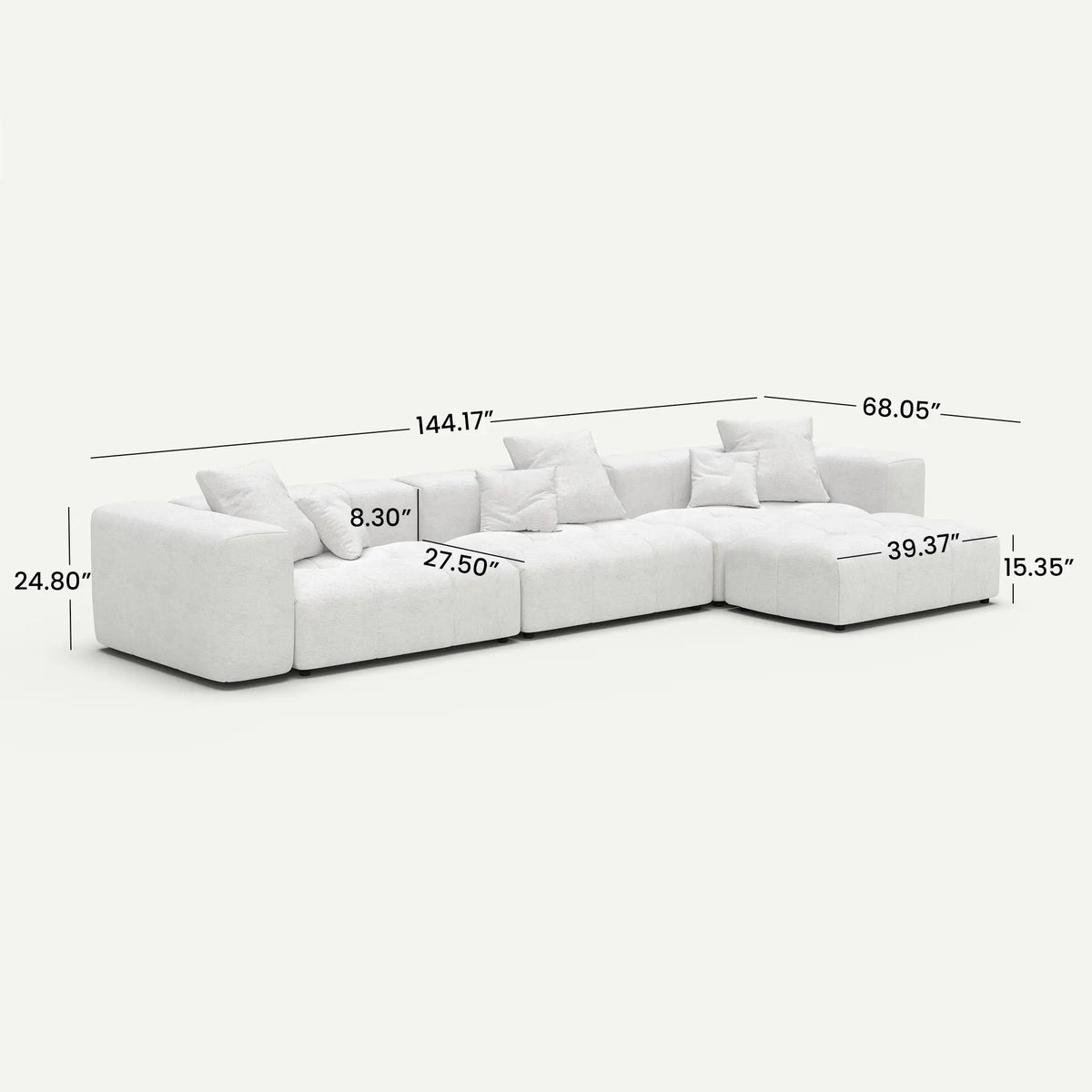 Morio Modular Sofa L-Shaped Sectional White 3-Seater with 1 Ottoman - dimensions