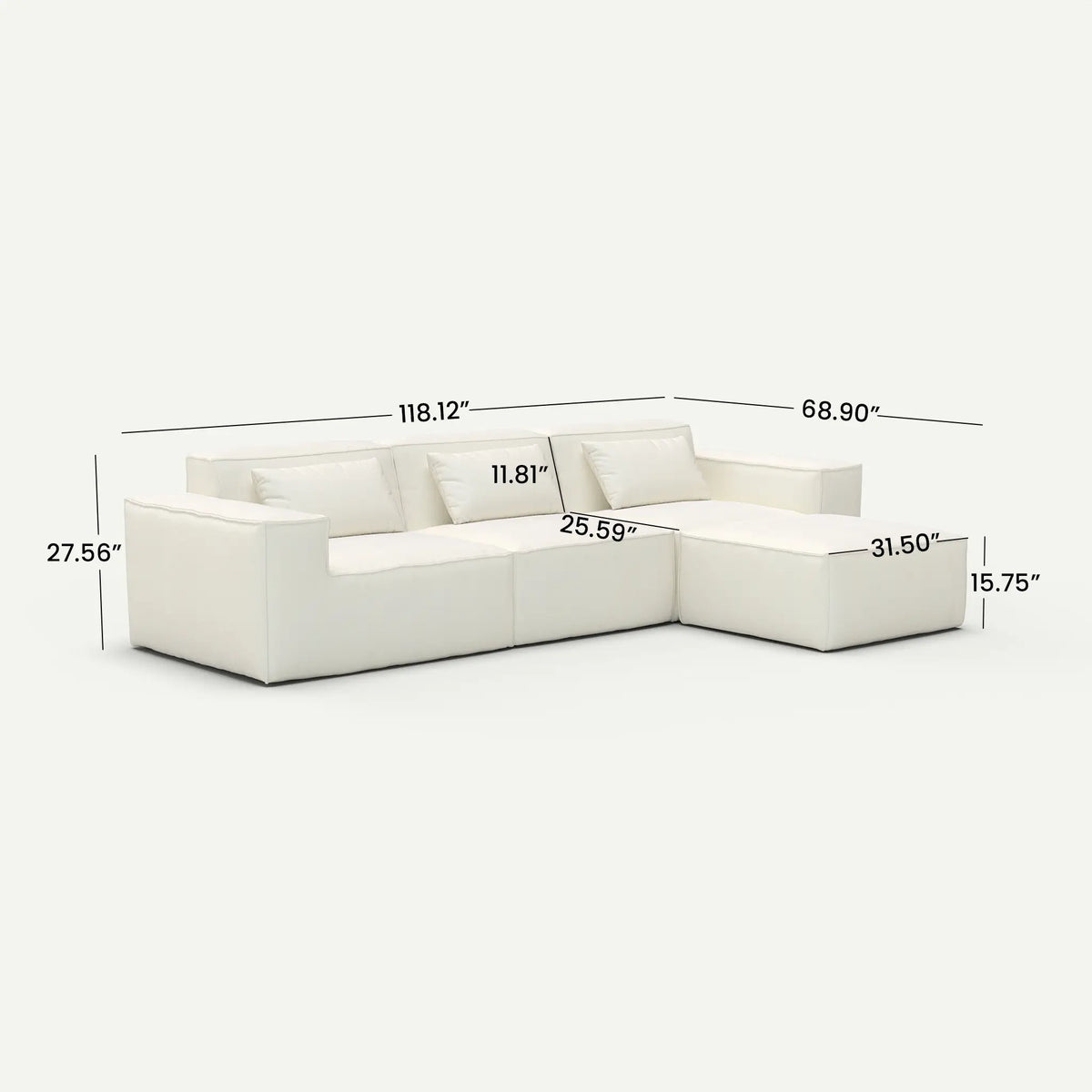 Forma Boneless Beige 3-Seater L-Shaped Sectional Sofa - dimensions