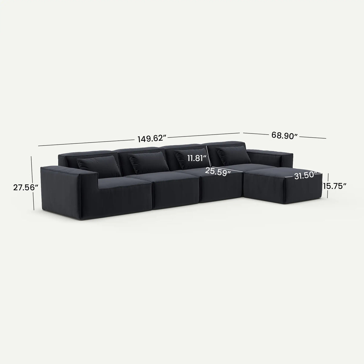 Forma Boneless Black 4-Seater L-Shaped Sectional Sofa - dimensions
