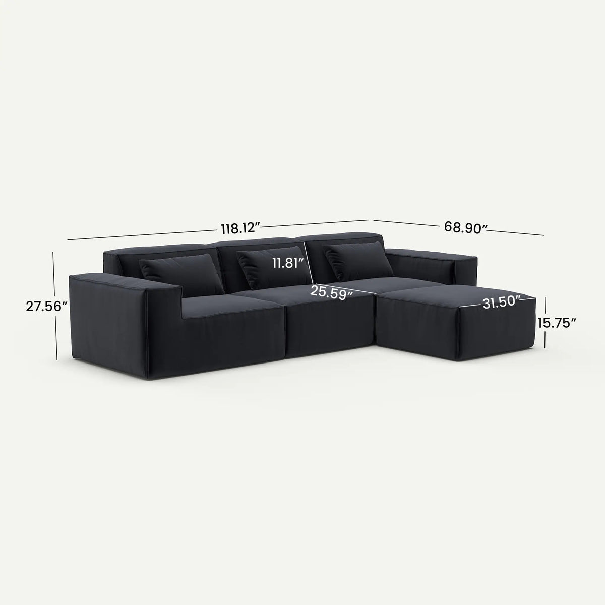Forma Boneless Black 3-Seater L-Shaped Sectional Sofa - dimensions