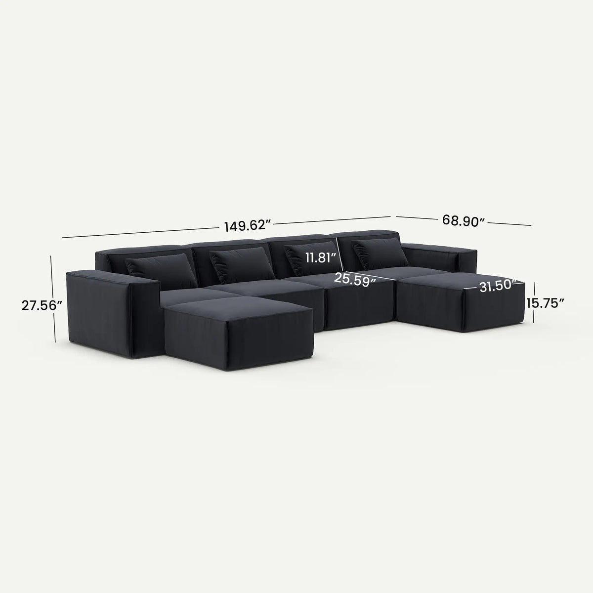 Forma Boneless Black 4-Seater U-Shaped Sectional Sofa - dimensions