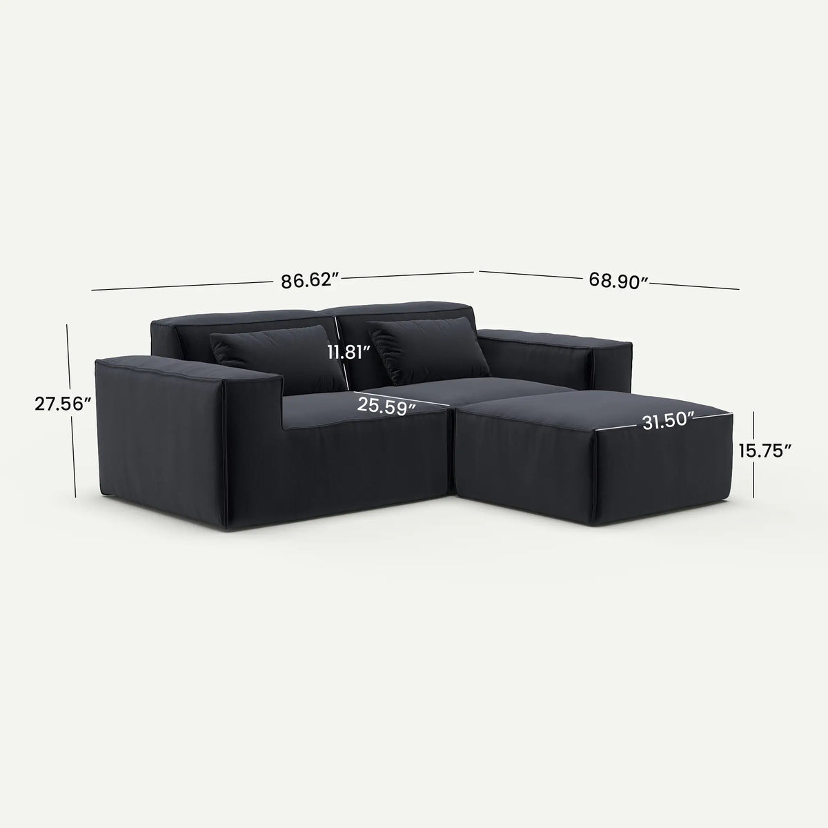 Forma Boneless Black 2-Seater Chaise Sectional Sofa - dimensions