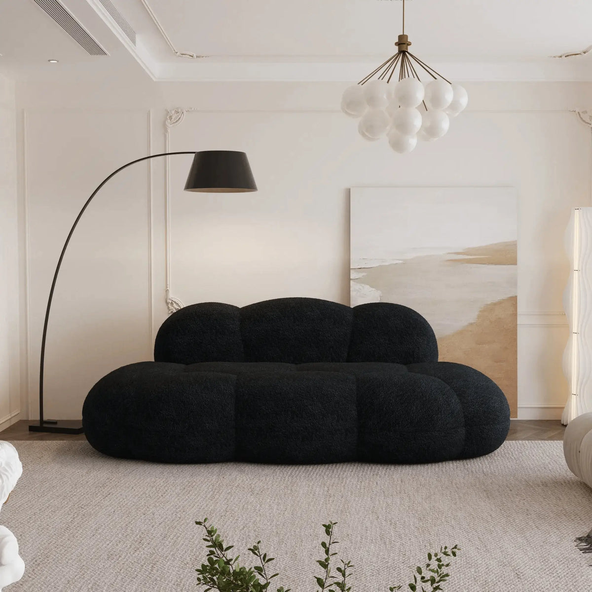 Aeris Black Teddy Velvet Deep 3-Seater Boneless Sofa - ATUNUSHOME main image