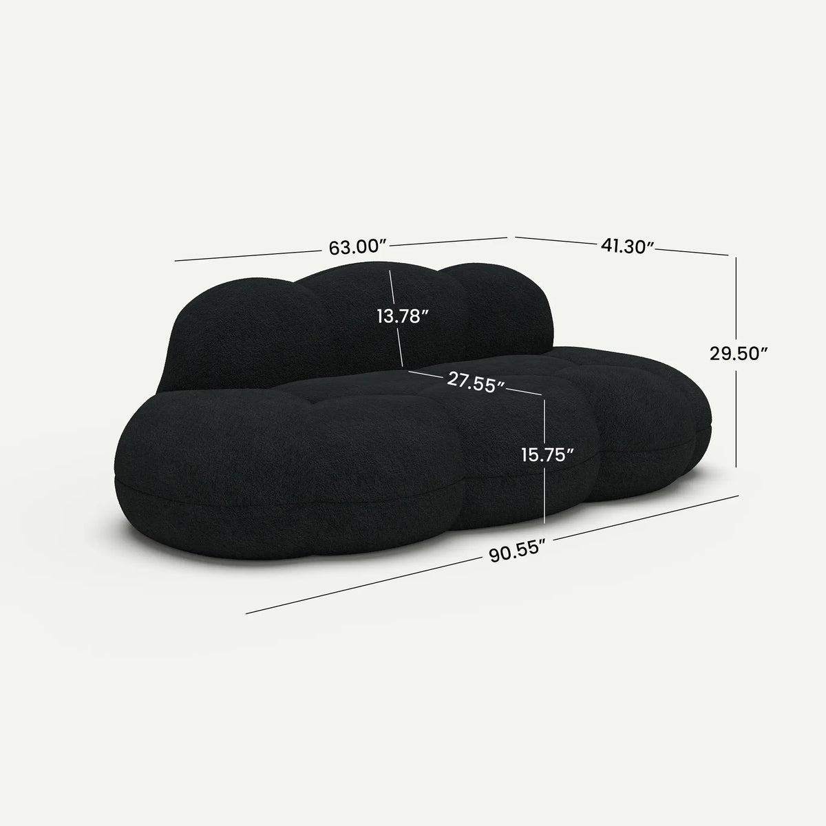 Aeris Black Teddy Velvet Deep 3-Seater Boneless Sofa - dimensions