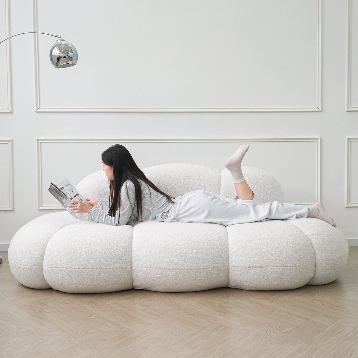 Aeris White Teddy Velvet Deep 3-Seater Boneless Sofa - ATUNUSHOME gallery 3