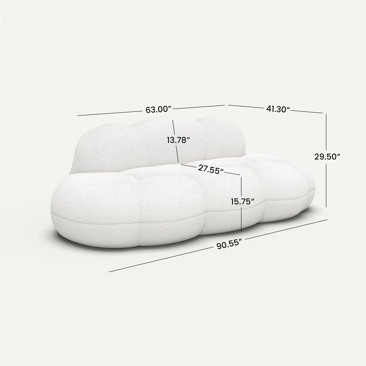 Aeris White Teddy Velvet Deep 3-Seater Boneless Sofa - dimensions