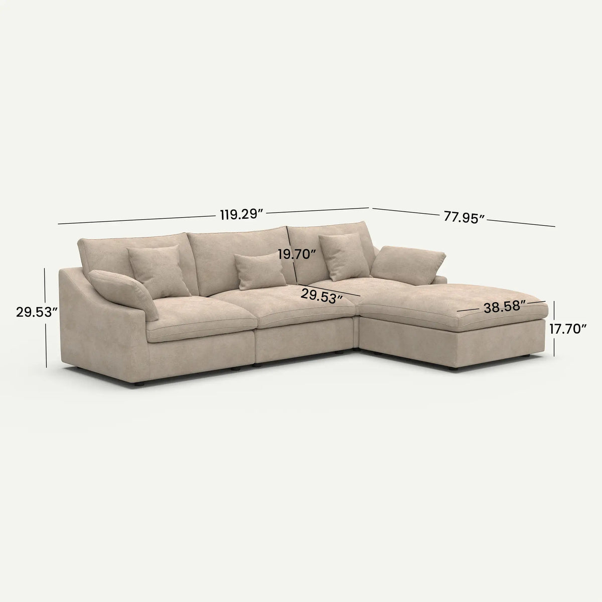 Velluno Cloud Khaki L-Shaped Sectional Sofa - dimensions
