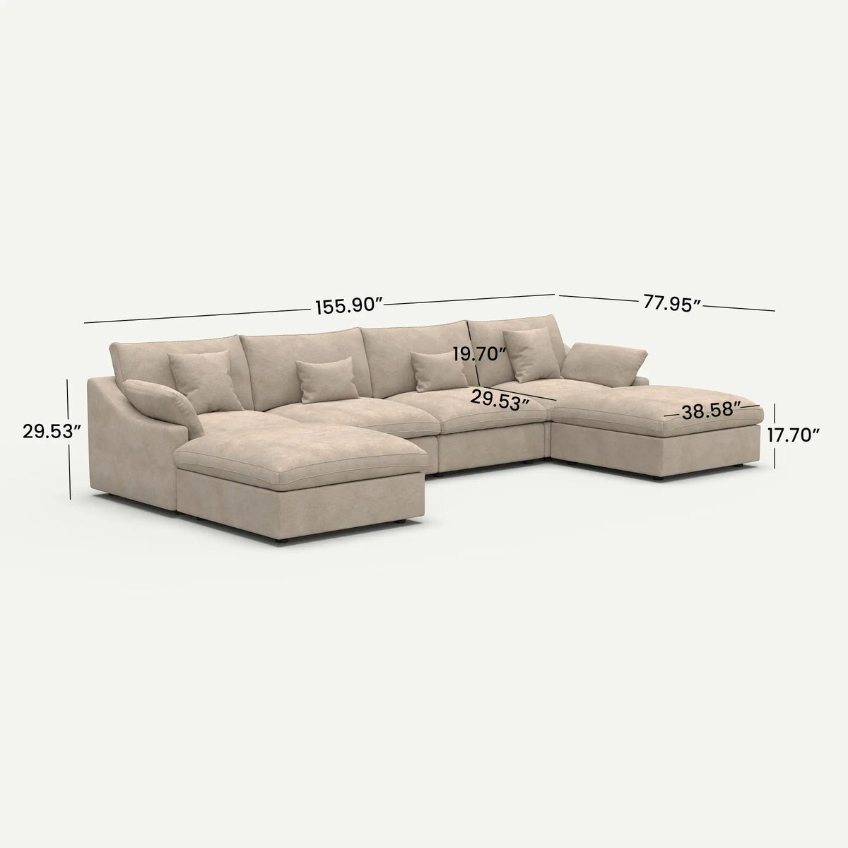Velluno Cloud Khaki Large 4-Seater U-Shaped Sofa with 2 Ottomans - dimensions