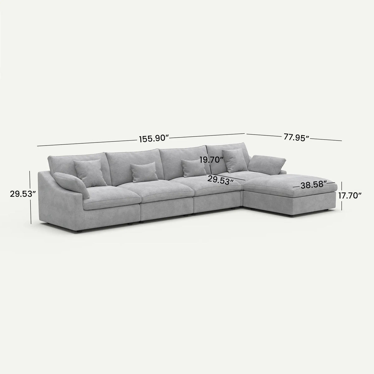 Velluno Cloud Light Grey Large 4-Seater L-Shaped Sectional Sofa - dimensions