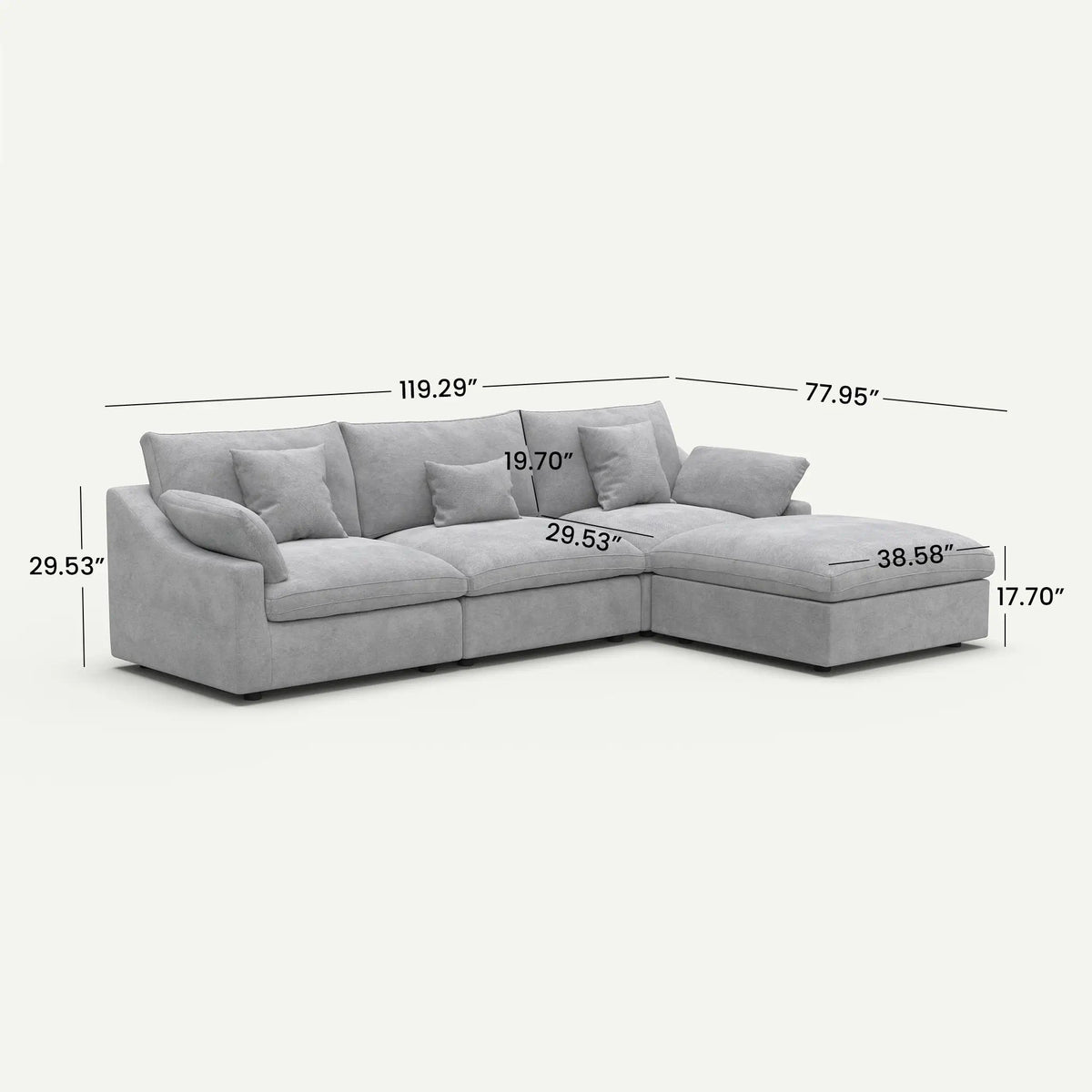 Velluno Cloud Light Grey 3-Seater L-Shaped Sectional Sofa - dimensions