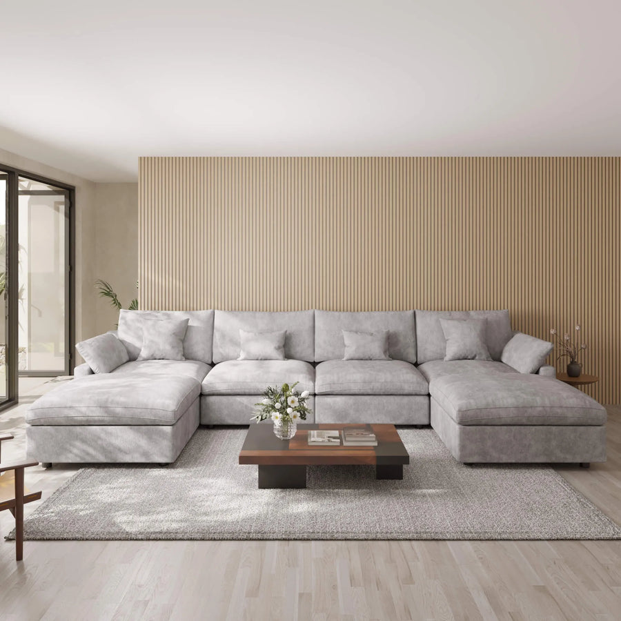 Velluno Cloud Light Grey Large 4-Seater U-Shaped Sectional Sofa with 2 Ottomans - ATUNUSHOME main image