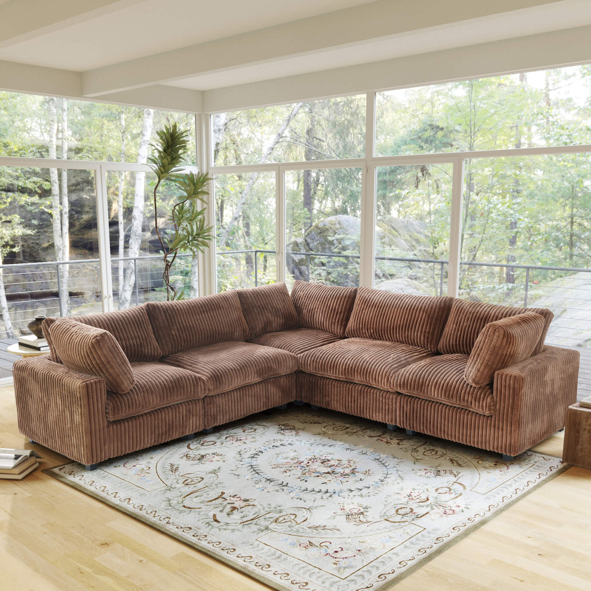 Toby Cloudrest Beige Plush 5-Seater V-Shaped Modular Sectional - ATUNUSHOME gallery 2
