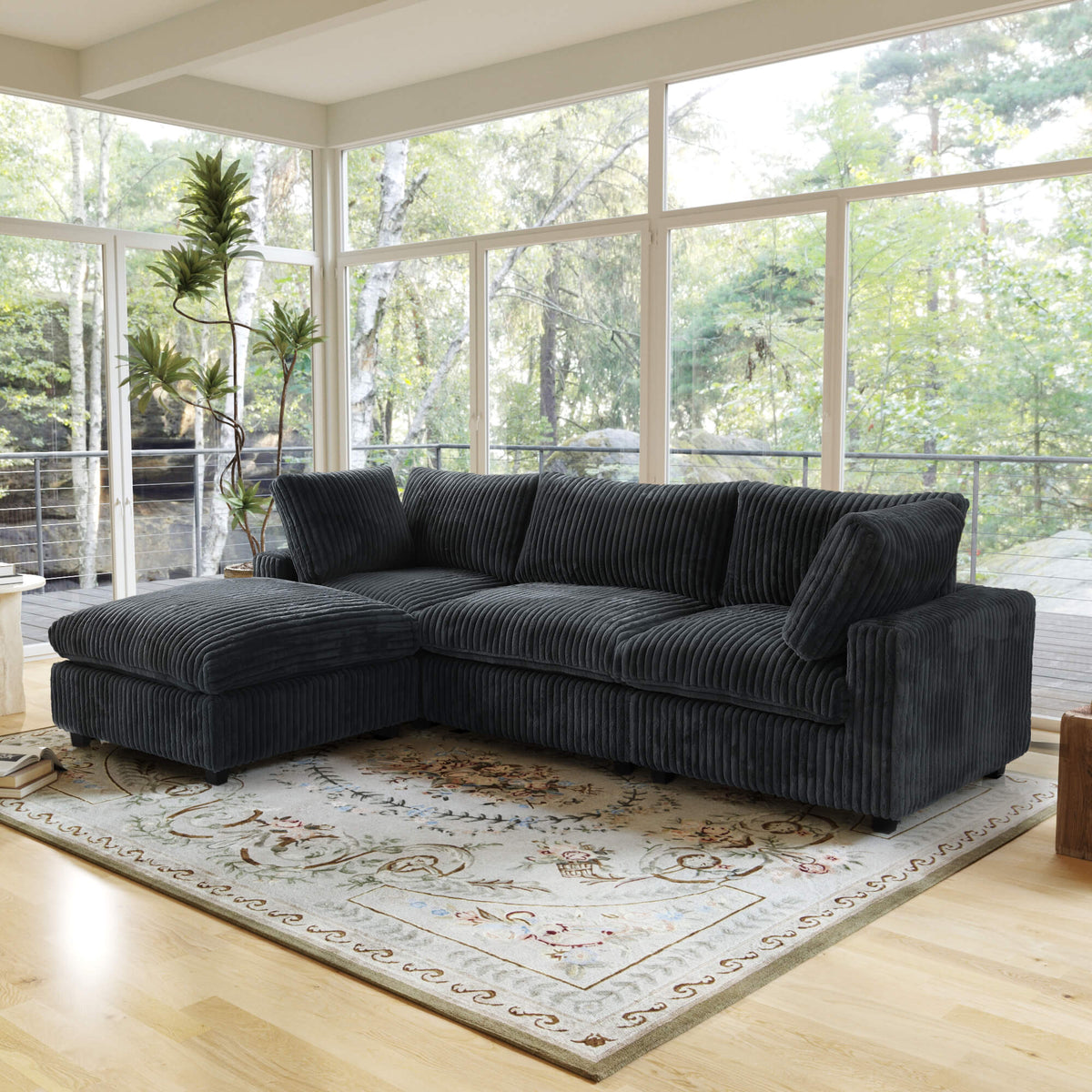 Toby Cloudrest Black Plush 3-Seater L-Shaped Sectional Sofa - ATUNUSHOME gallery 2