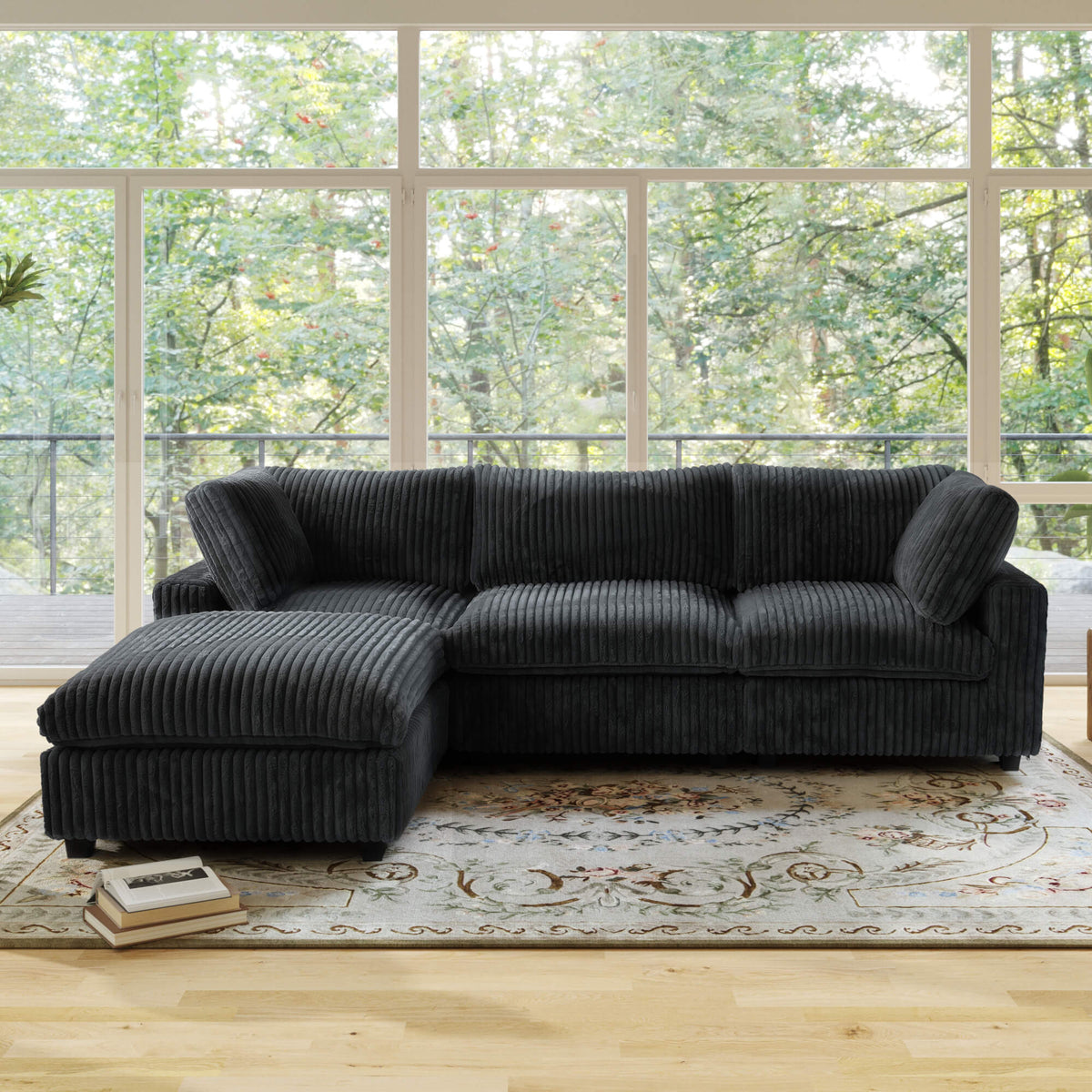 Toby Cloudrest Black Plush 3-Seater L-Shaped Sectional Sofa - ATUNUSHOME gallery 3