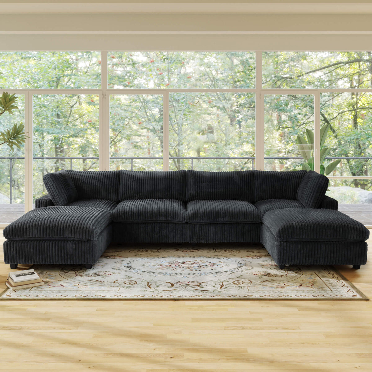 Toby Cloudrest Black Plush 4-Seater U-Shaped Sectional Sofa - ATUNUSHOME main image