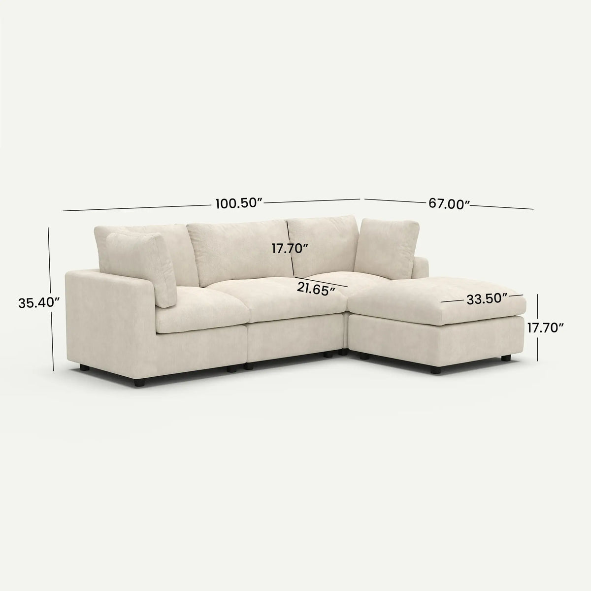Milo Lounge Cloud Beige 3-Seater L-Shaped Sectional Sofa - dimensions