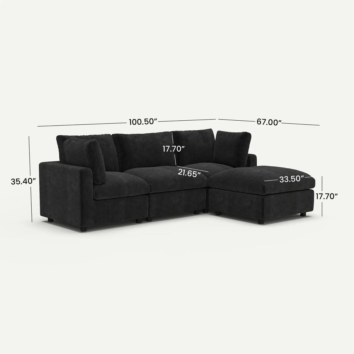 Milo Lounge Cloud Black 3-Seater L-Shaped Sectional Sofa - dimensions