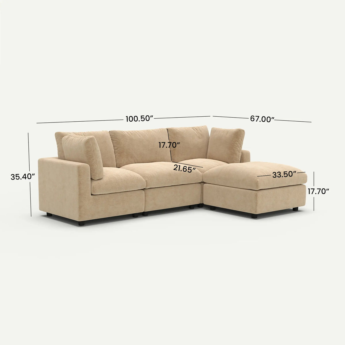 Milo Lounge Cloud Khaki 3-Seater L-Shaped Sectional Sofa - dimensions