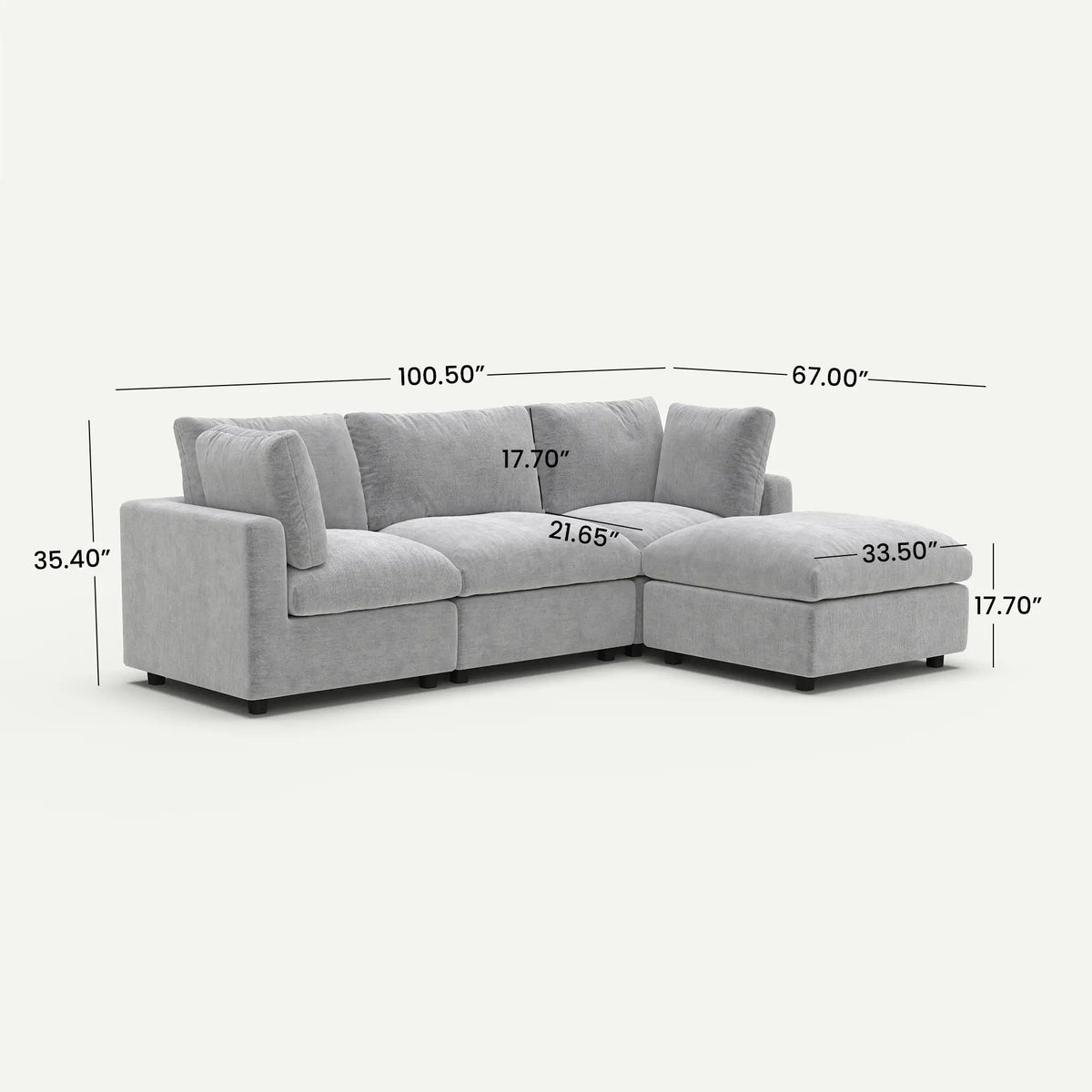 Milo Lounge Cloud Light Grey 3-Seater L-Shaped Sectional Sofa - dimensions