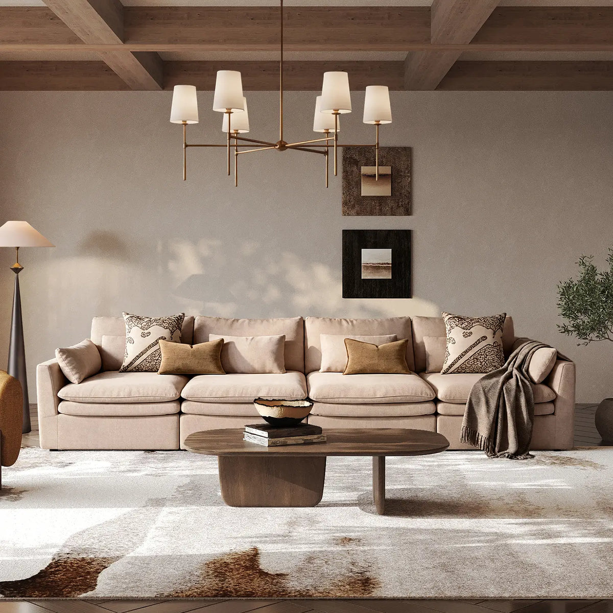 Khaki modular sofa in the living room — lifestyle scene