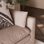 Khaki sofa cushion detail in the living room — lifestyle scene