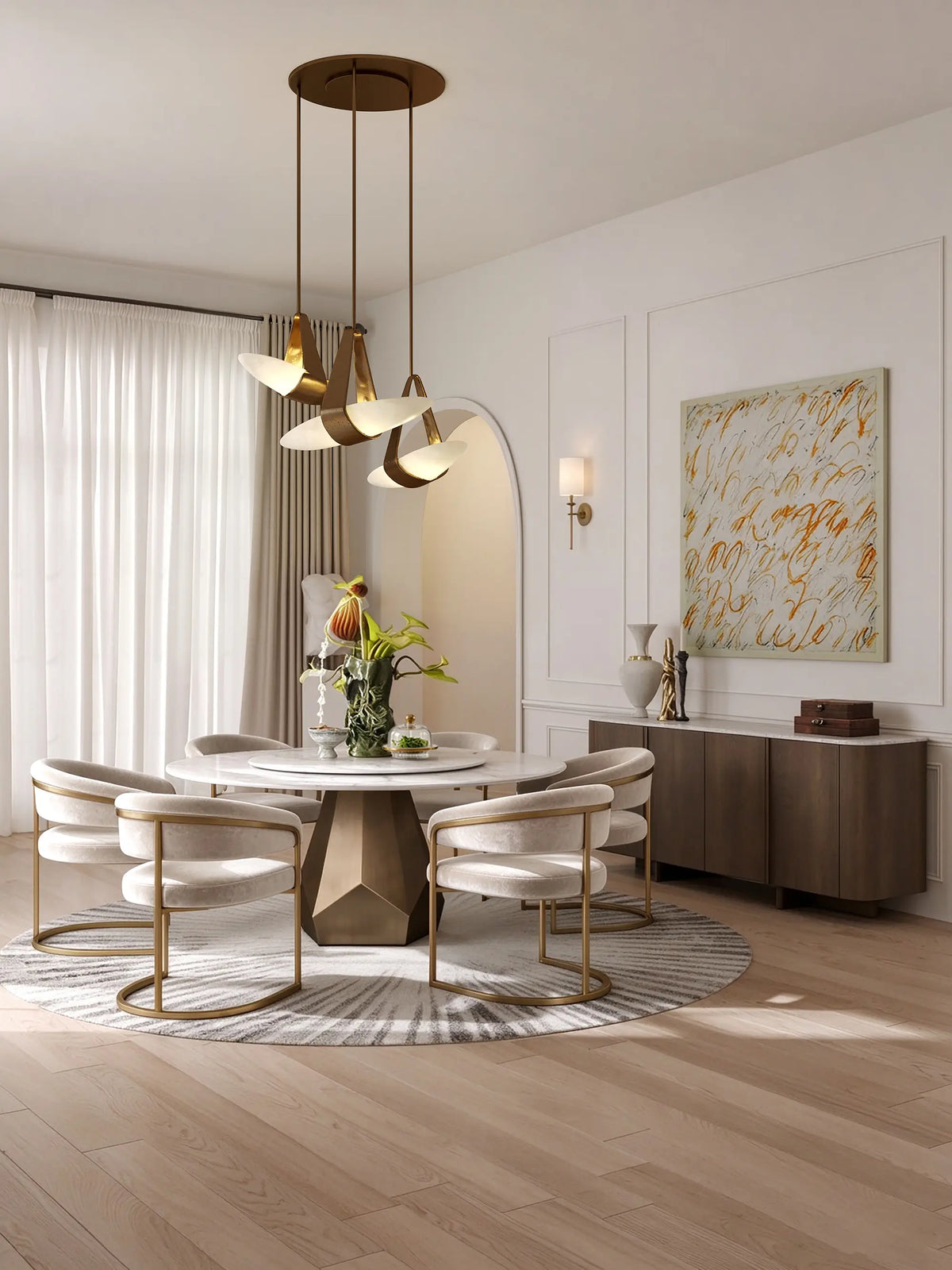 Sienna Marble 59" Round Dining Table Set for 6 with Sideboard