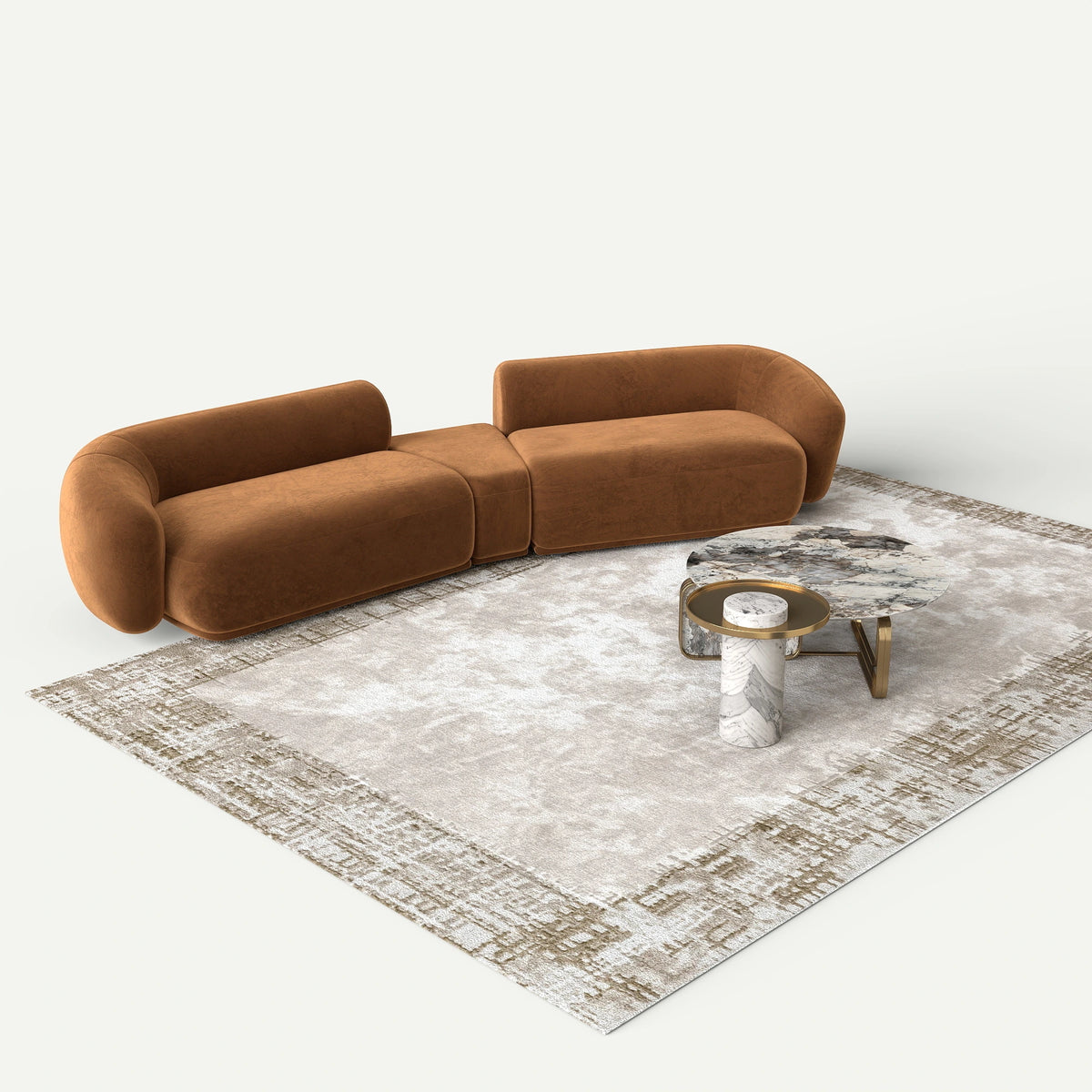 ATUNUS-MINI-CONFIG | default | Cedar Sofa + Calder Coffee Table + Astra Side Table + Tavira Rug Set — angle high