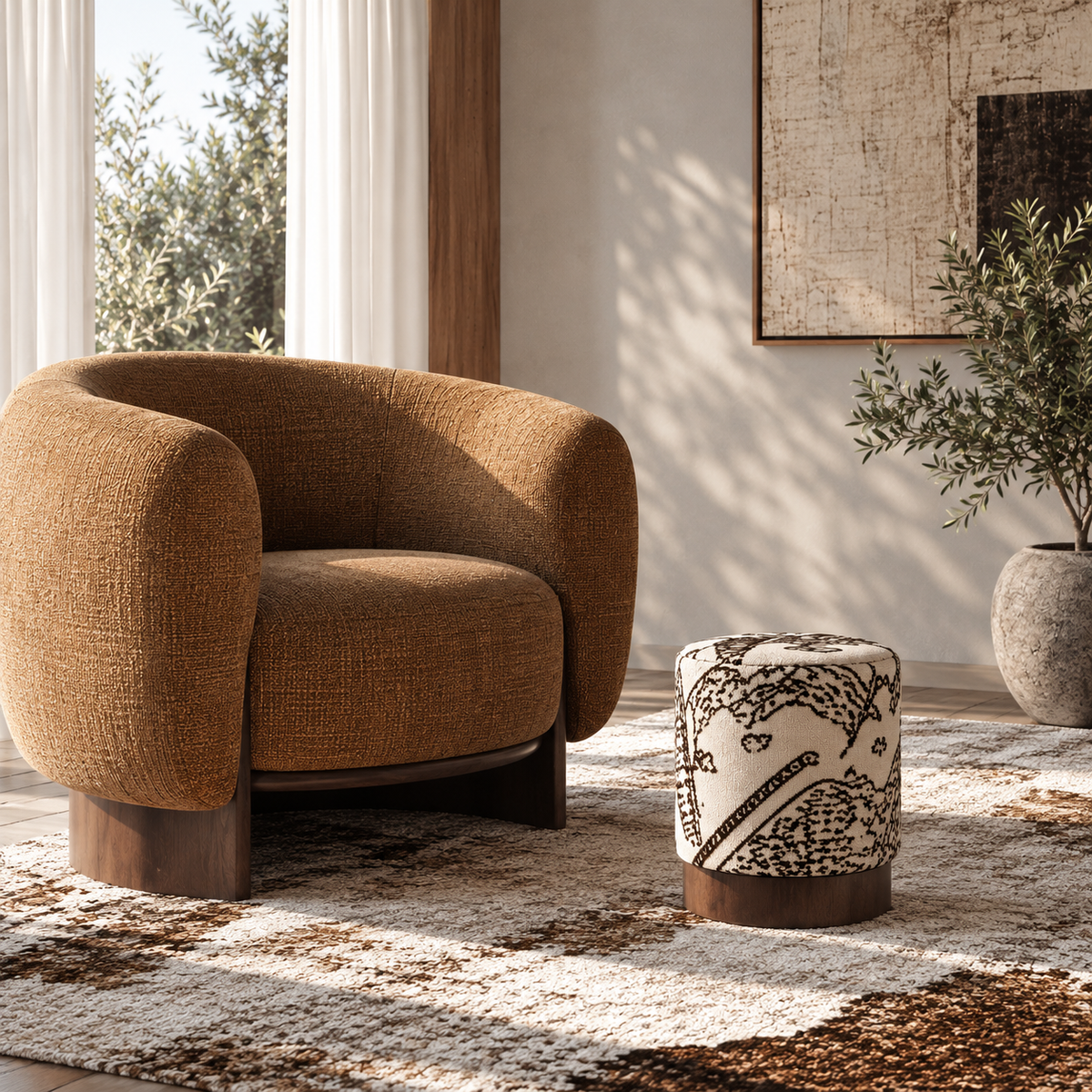 Larkin Linen-Blend Cylinder Pouf Ottoman