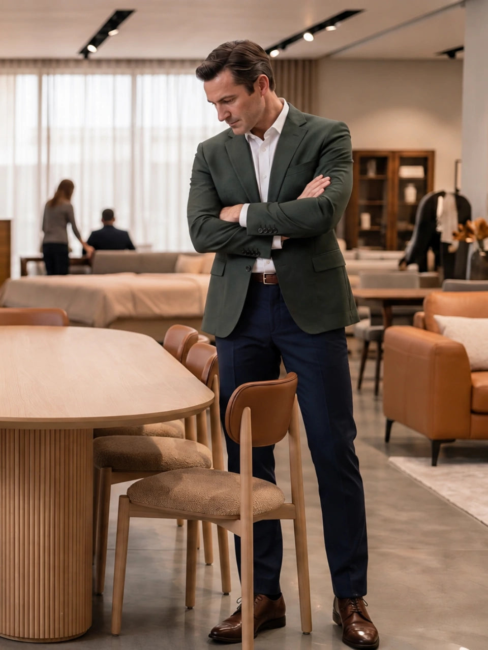 A local furniture retailer inspecting a dining table in a showroom