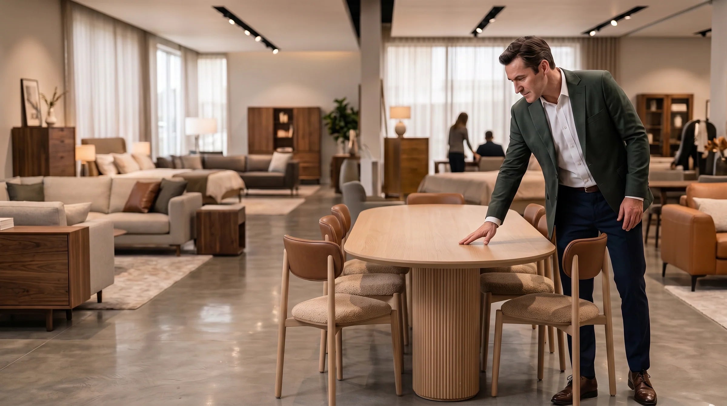 Furniture retailer reviewing a collection in a showroom