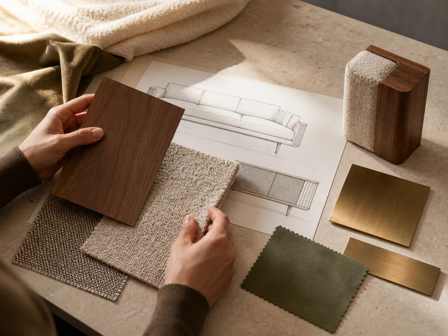 Material and finish samples arranged over furniture drawings