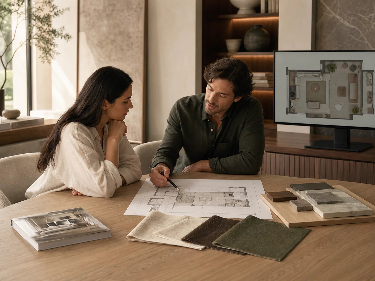 Atunus Home designers reviewing room plans and material samples