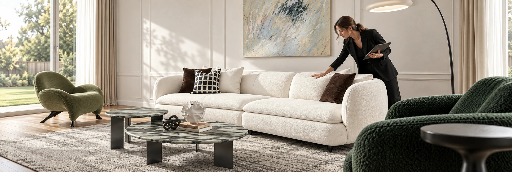 Home stager preparing a coordinated living and dining space