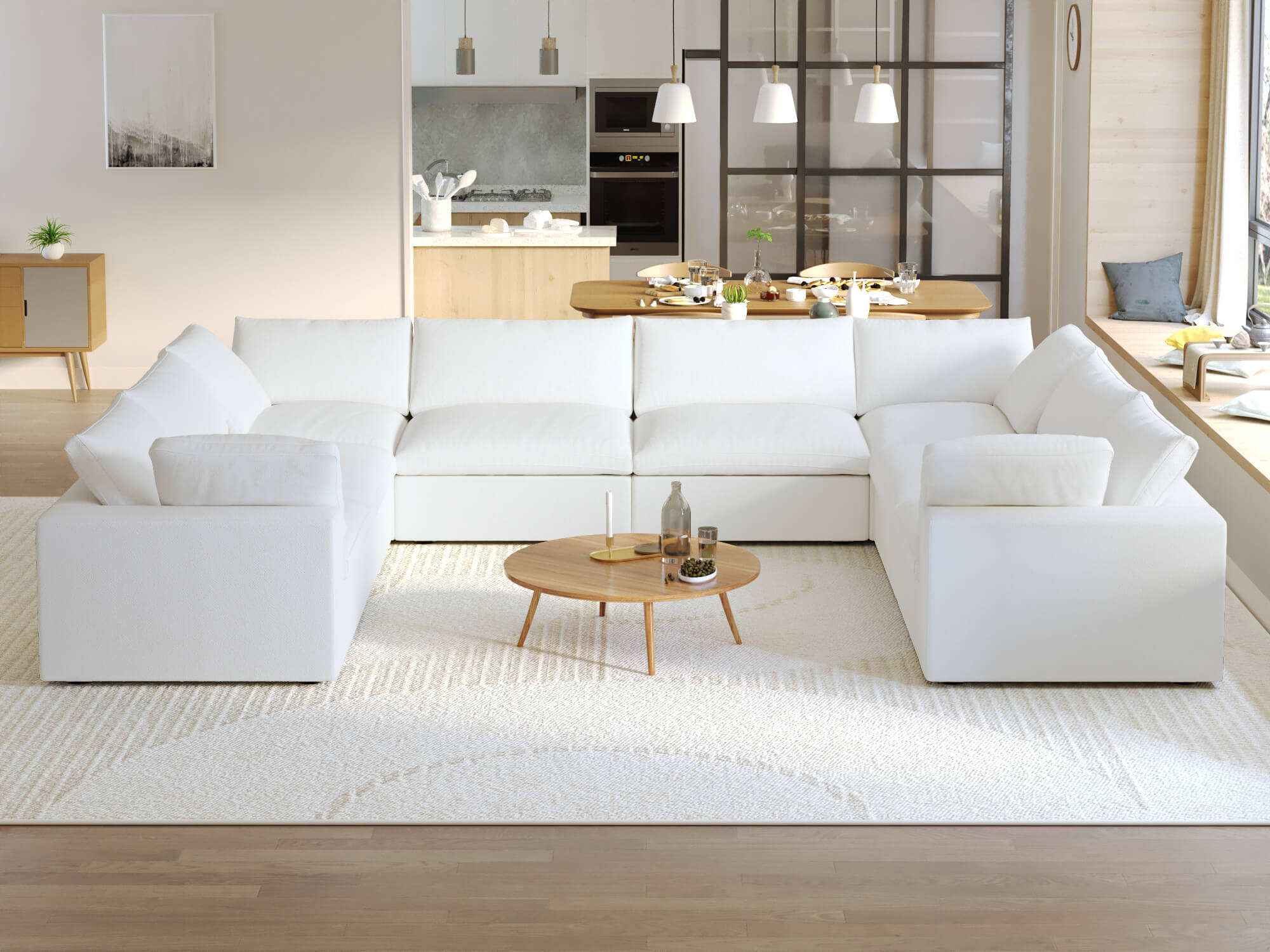 Sky Cloud Sectional Sofa | Washable Cover 160-Inch Linen Corner Sectionals 8-Seaters - White