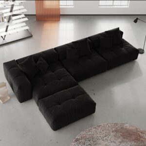 Pixel Classic | Three Seater Black Sofa With Ottoman L-Shaped