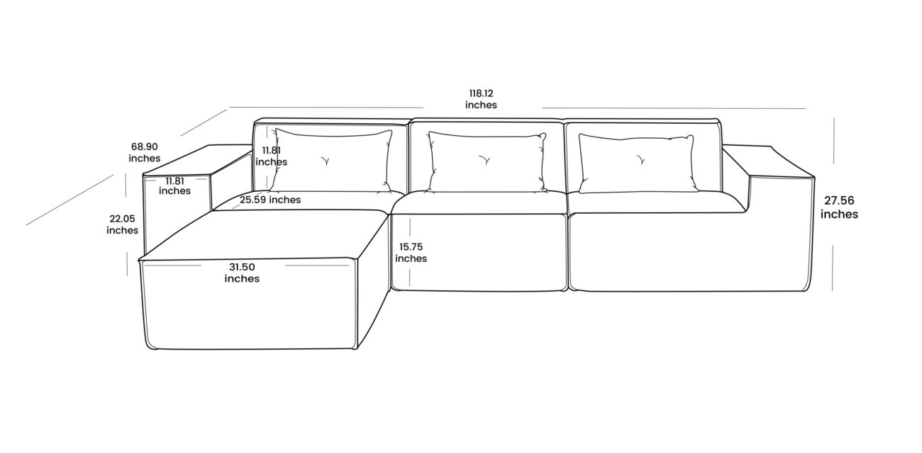 130 Vita sofa 3-seater L-shaped size