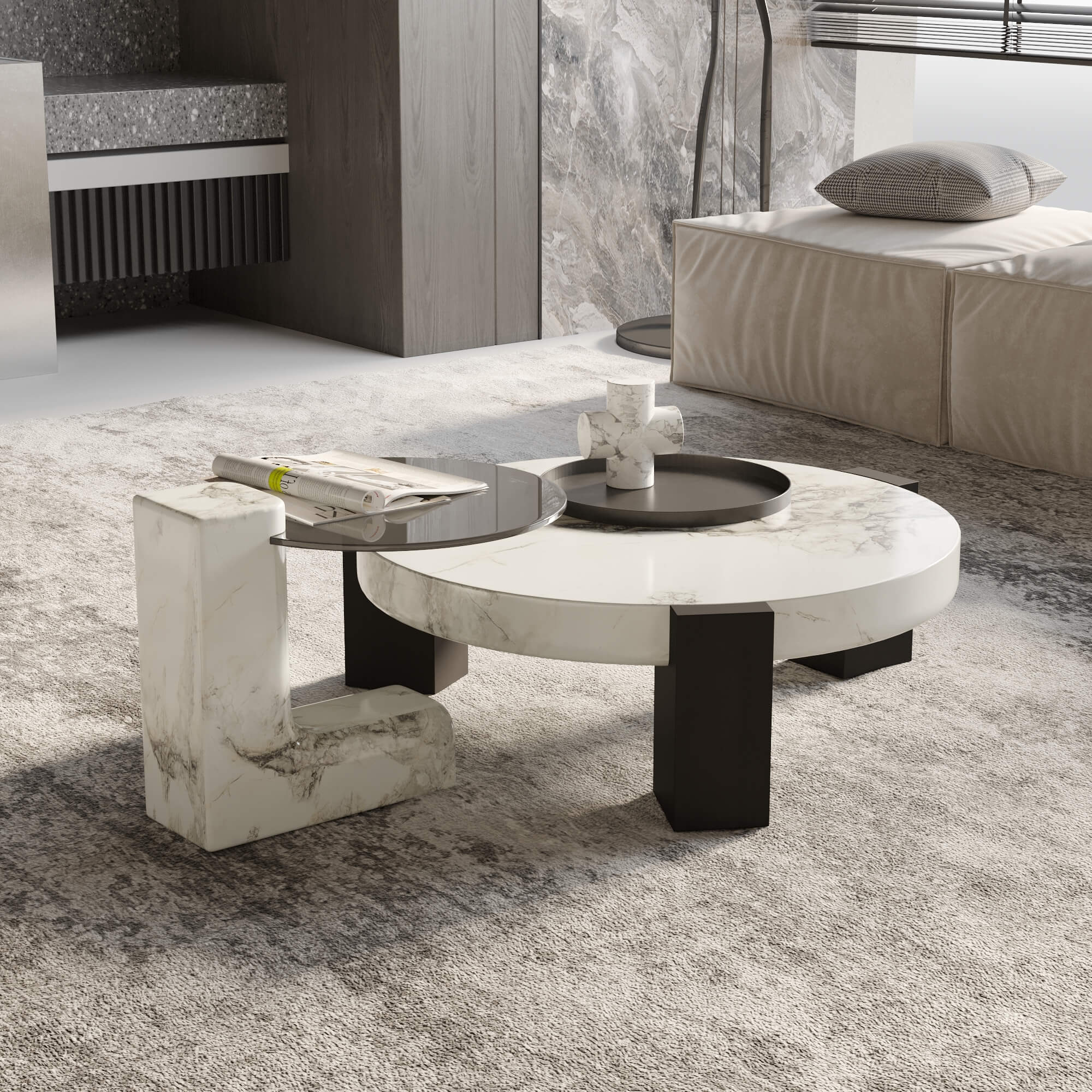 Bianco White Coffee Table with Side Table