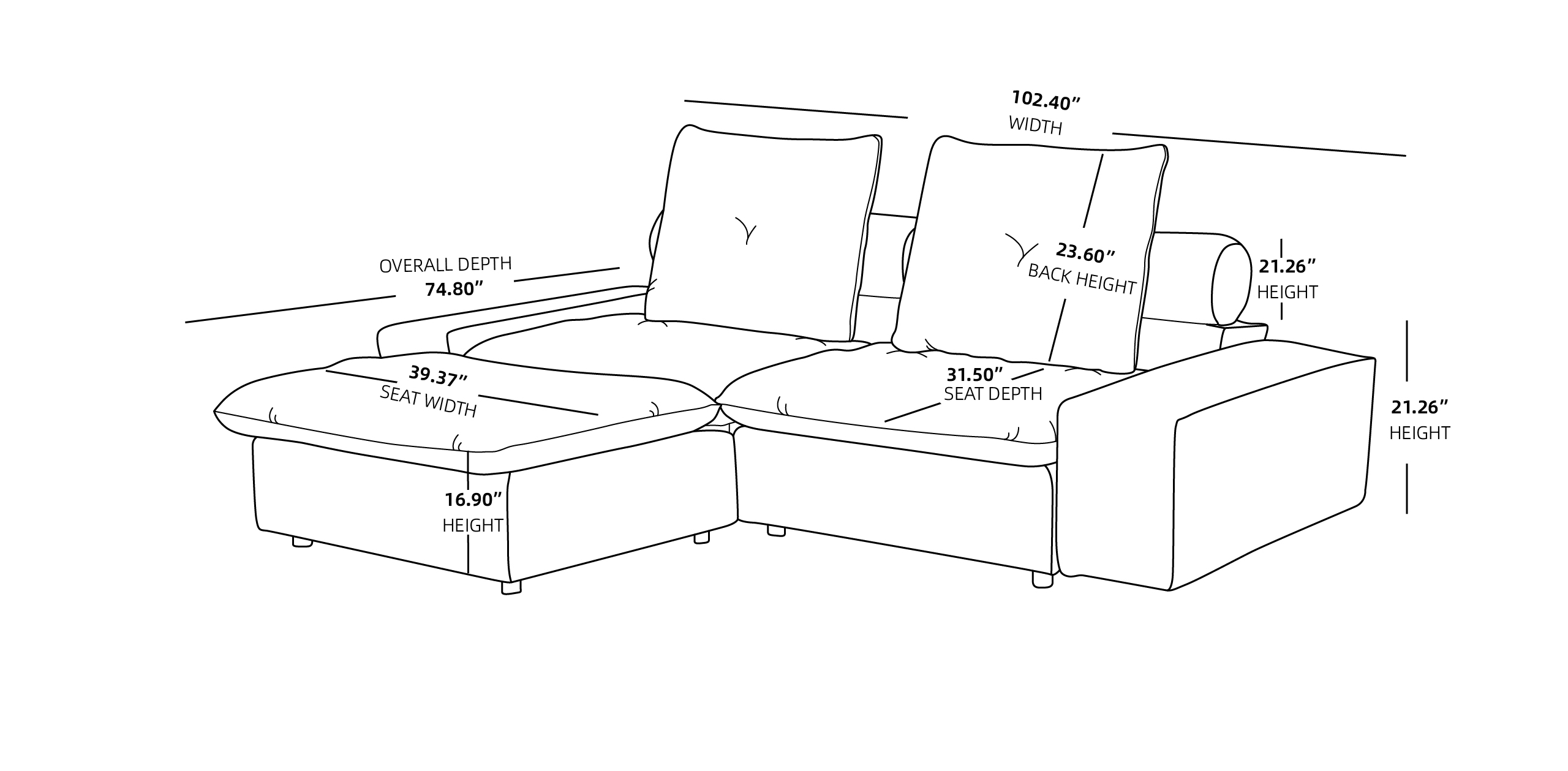 sky cloud adjustable loveseat with ottoman size