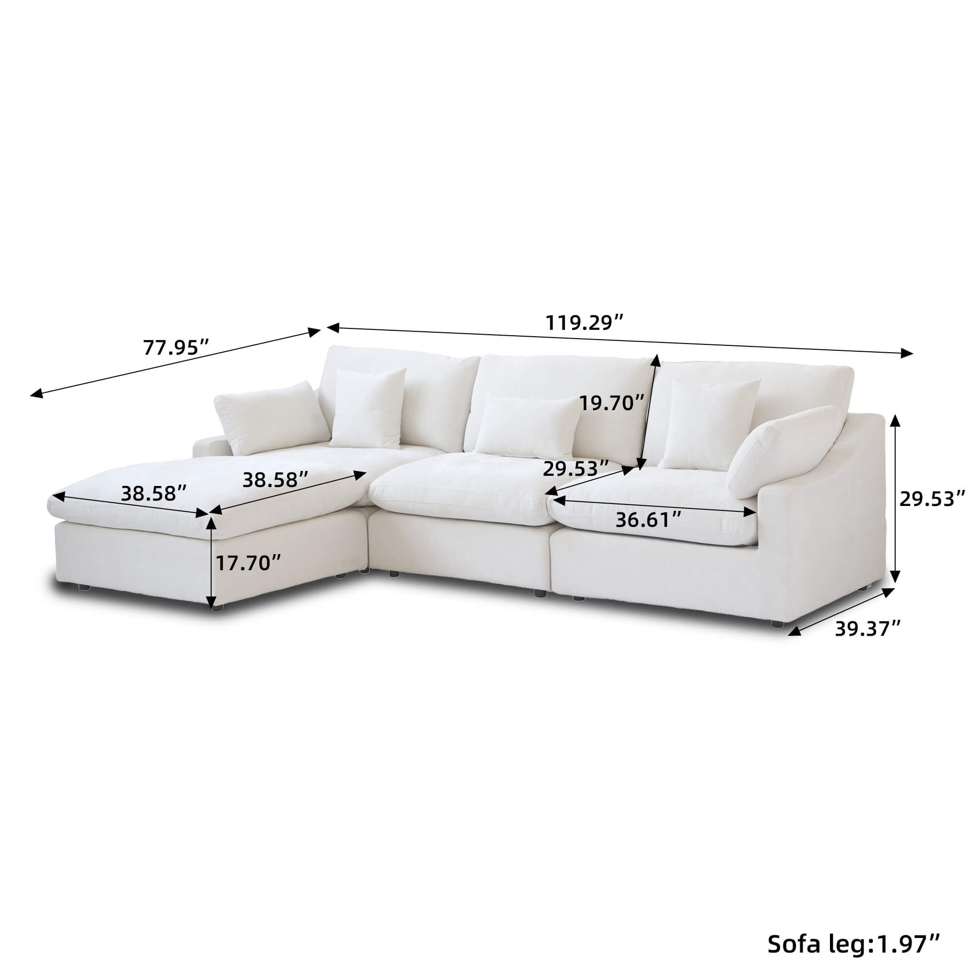 Sky Cloud Slope Armrest Sectional 3-Seater L-Shaped Sofa