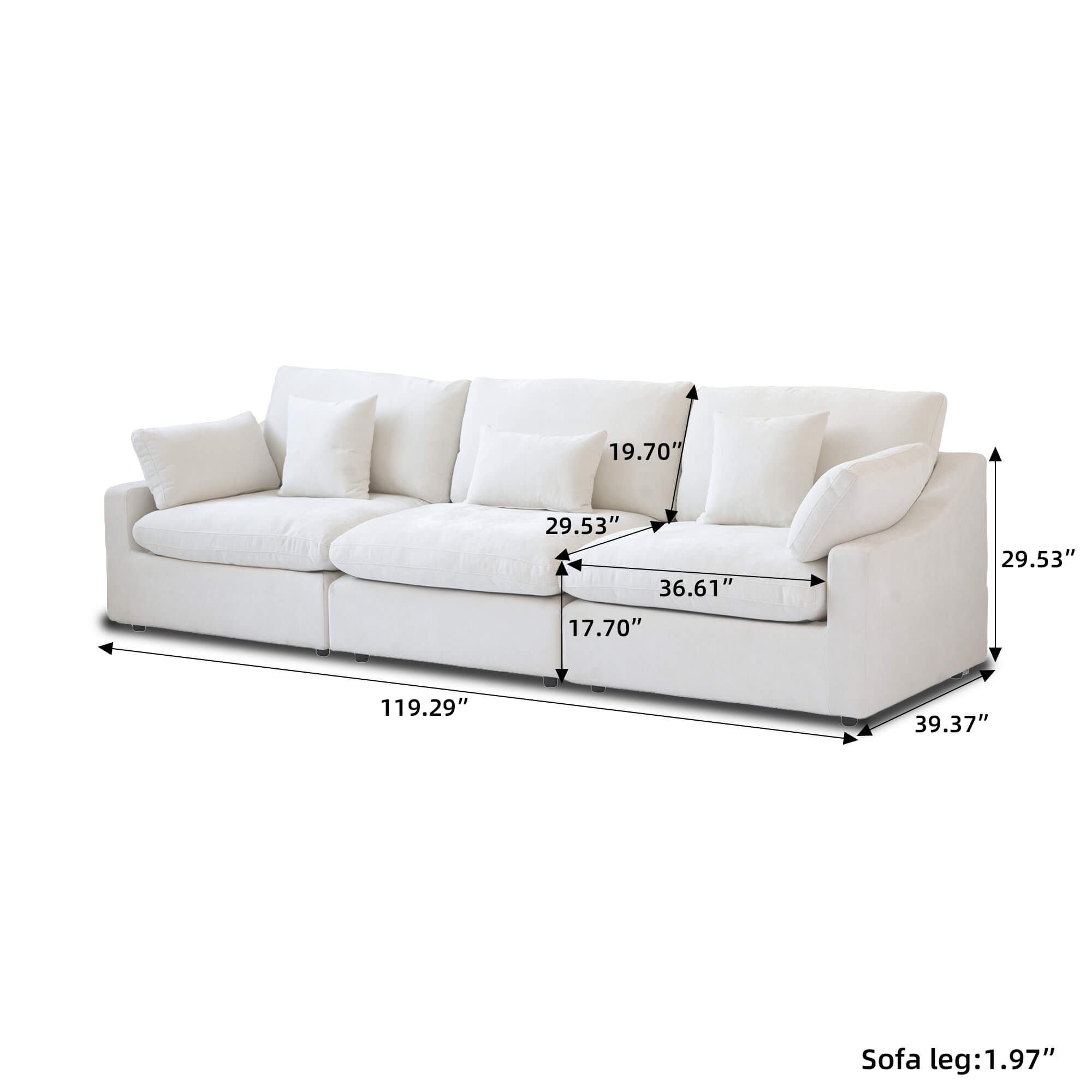 Sky Cloud 3-Seater Slope Armrest Sectional Sofa with Washable Sofa Cover