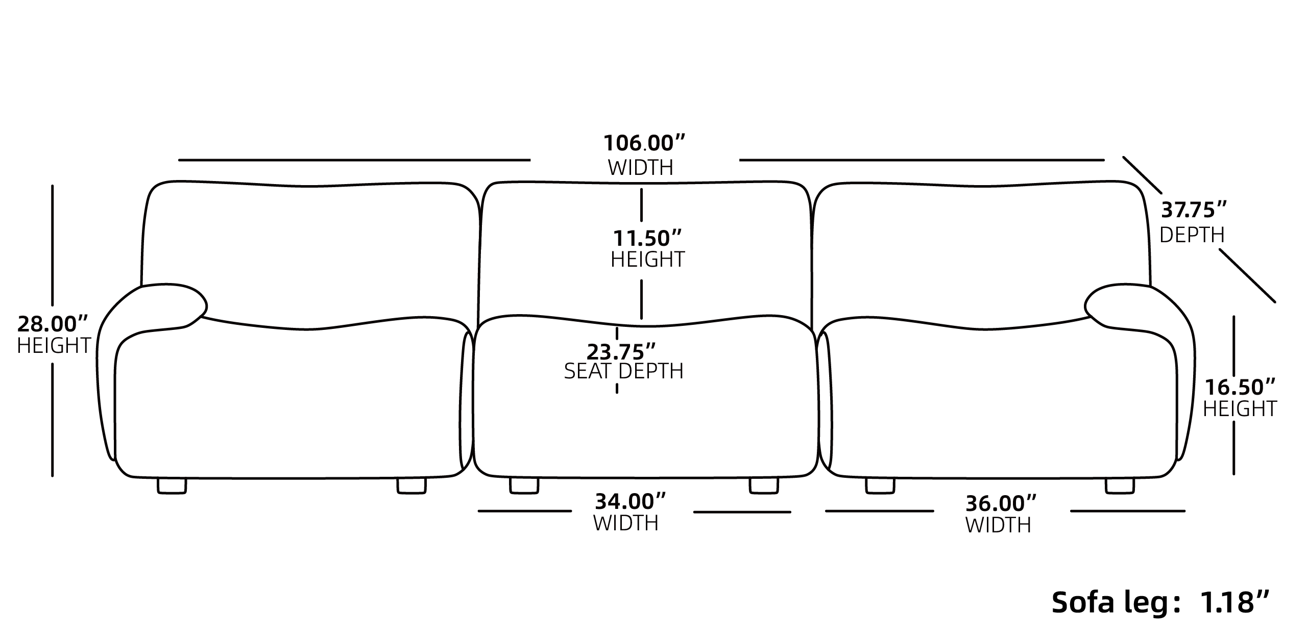 324 Modular Sectional Sofa Low Arm 3 Seater Size