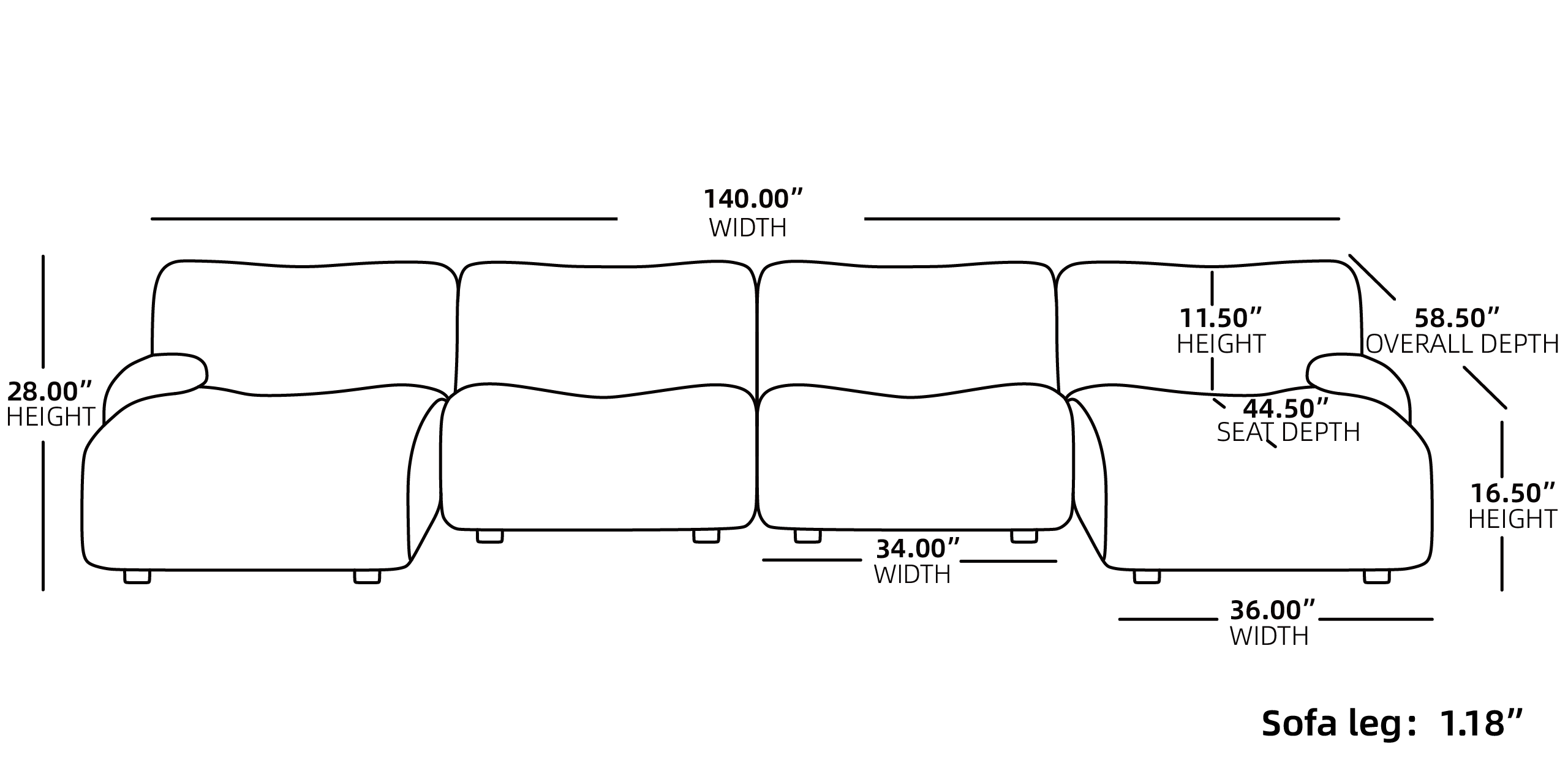 324 Modular Sectional Sofa Low Arm 4 Seater U Shaped Couch Size