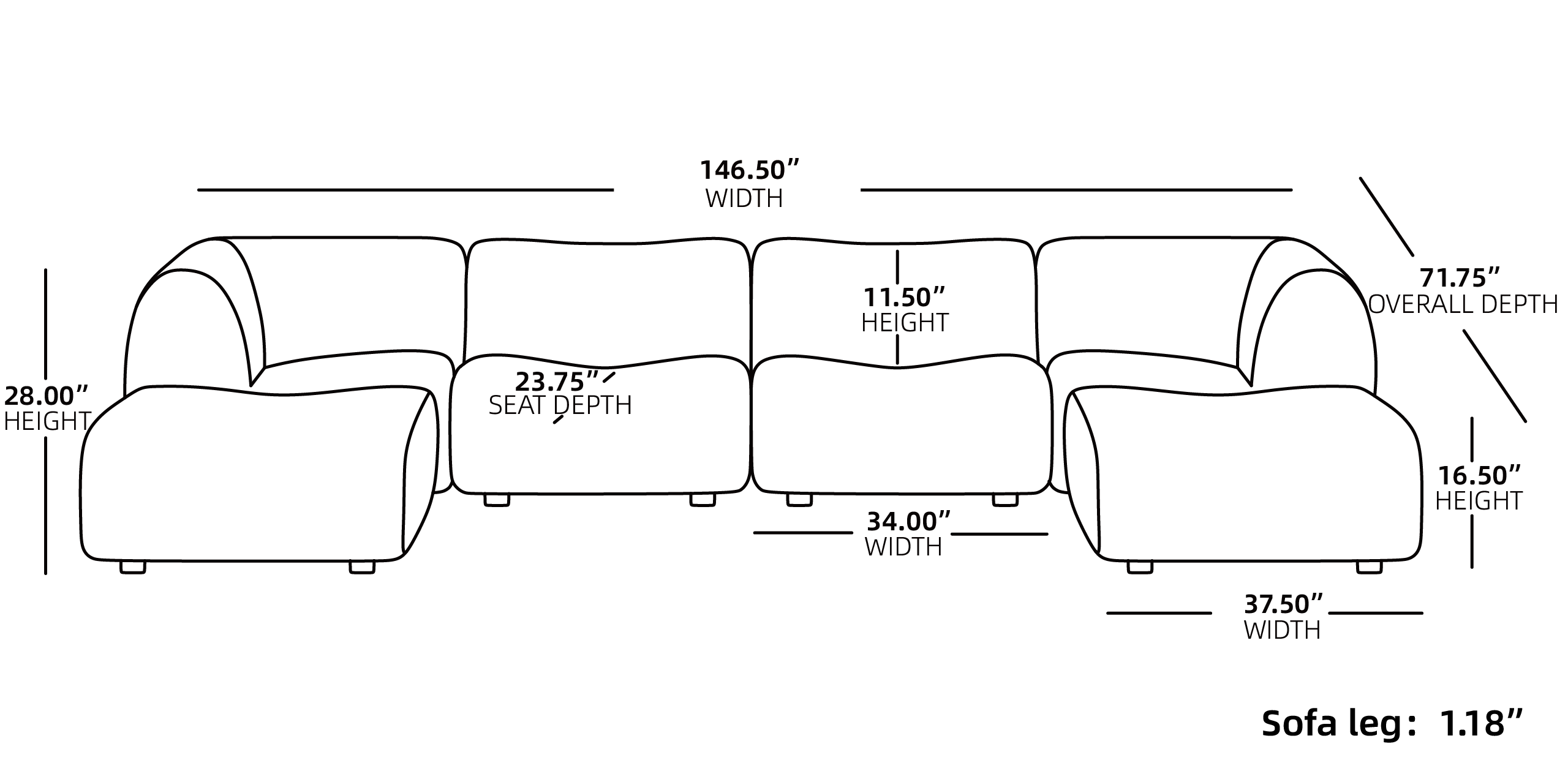 High Arm 4 Seater U Shaped Couch Size