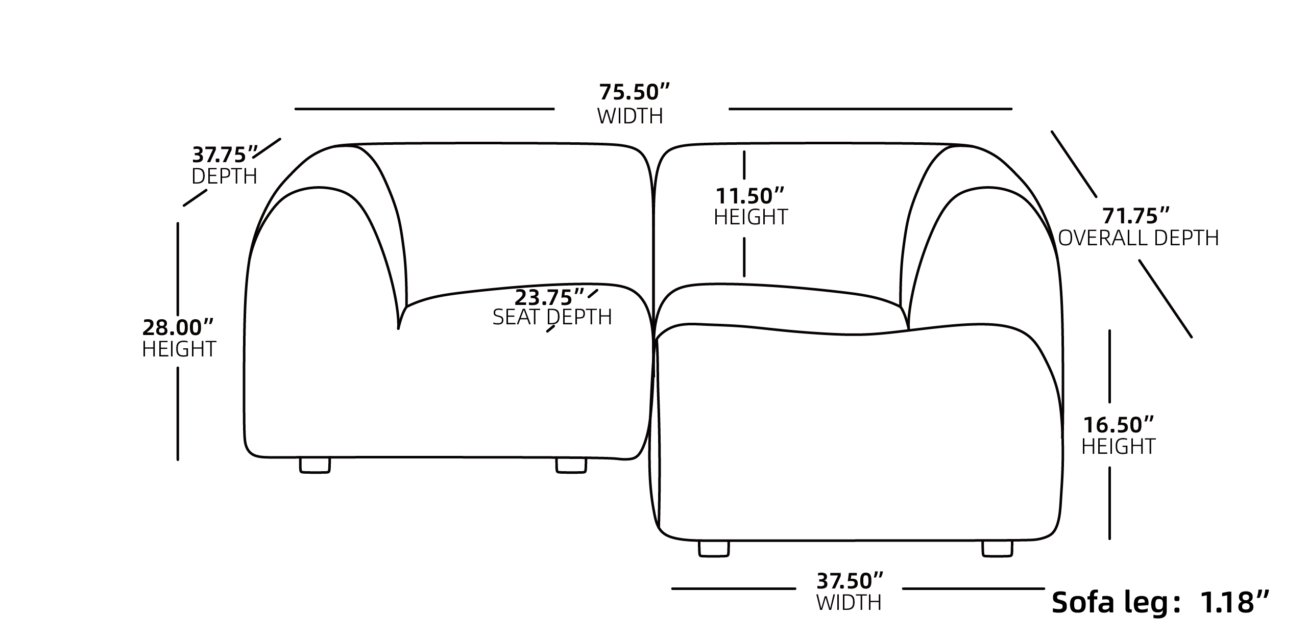 High Arm Loveseat Chaise Couch Size